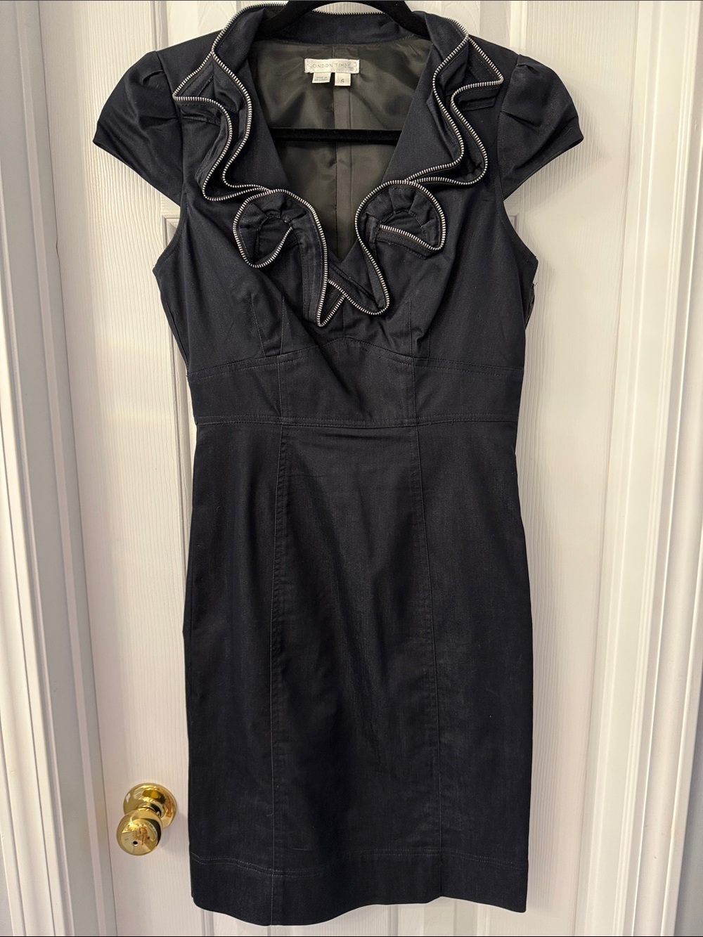 London Times Black Ruffle-Trim Dark DenimDress